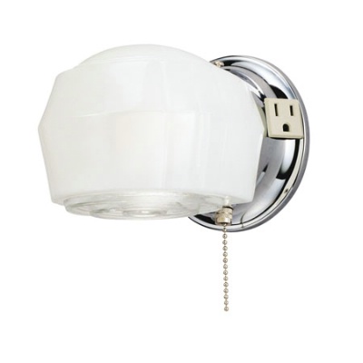 1 Light Wall Bracket with Ground Convenience Outlet and Pull Chain Chrome Finish Base with White ...